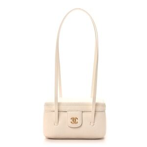 CHANEL White Caviar Leather Preppy Coco Long Vanity Strap Gold CC Hardware.